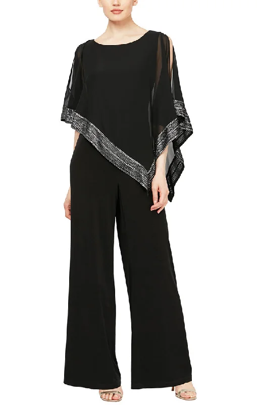 women's jumpsuits for eco-friendly choicesJersey Jumpsuit with Asymmetrical Chiffon Cape with Foil Trim