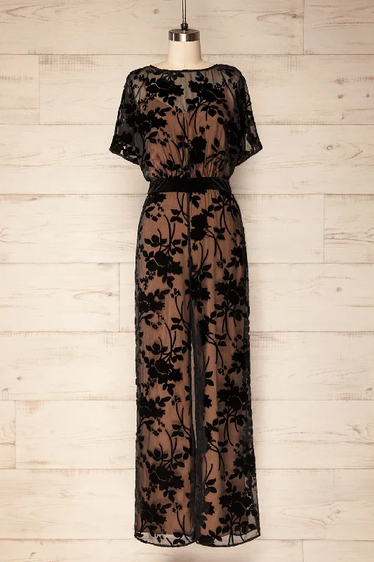 women's jumpsuits with bow tiesCharleroi | Beige Jumpsuit w/ Black Floral Overlay