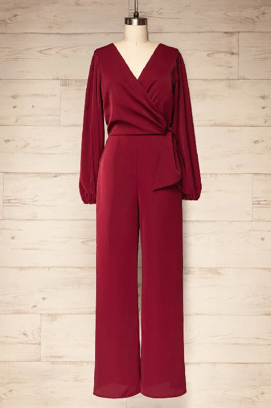 women's jumpsuits for plus-size figuresNantwich Burgundy | Silky Long-Sleeved Jumpsuit