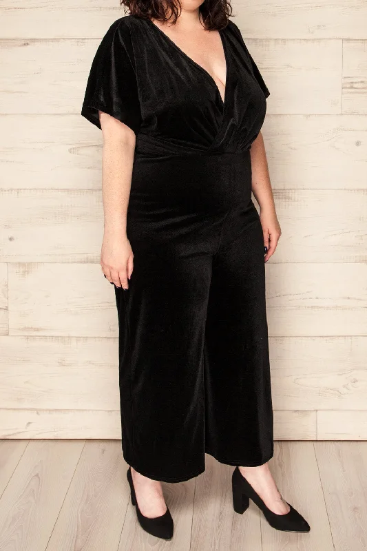 women's jumpsuits with checkered designsTonnara Black | Plus Size Wide Leg Velvet Jumpsuit