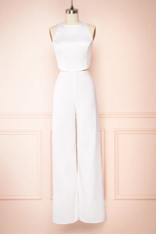 women's jumpsuits with neon colorsYolanda White | Sleeveless Cut-Out Satin Jumpsuit