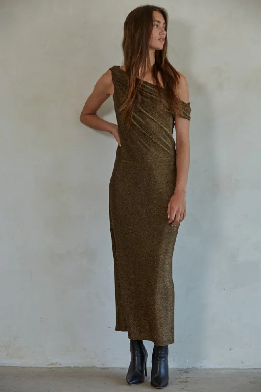 women's woven skirtsMetallic Bronze Off Shoulder Maxi Dress